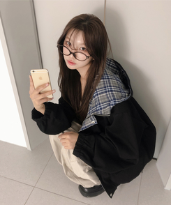 チェックバイカラーフードストリングジャケット BLACK