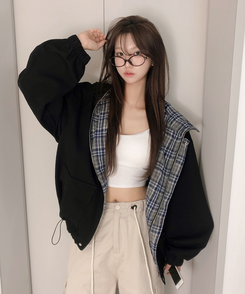 チェックバイカラーフードストリングジャケット BLACK