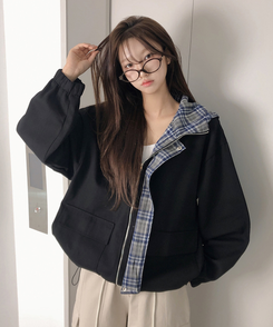 チェックバイカラーフードストリングジャケット BLACK