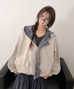 チェックバイカラーフードストリングジャケット BEIGE