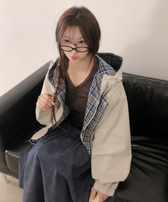 チェックバイカラーフードストリングジャケット BEIGE