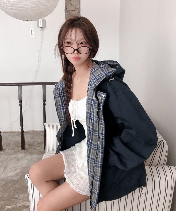 チェックバイカラーフードストリングジャケット NAVY