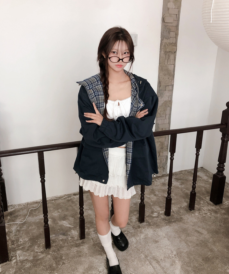 チェックバイカラーフードストリングジャケット NAVY