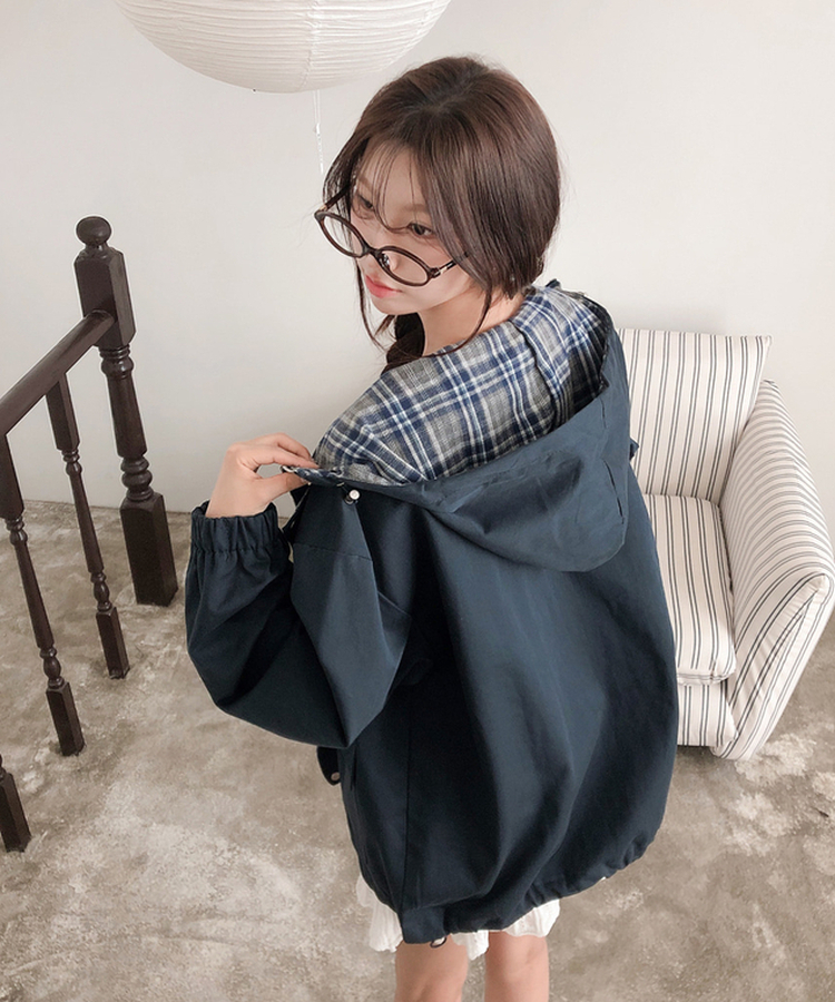 チェックバイカラーフードストリングジャケット NAVY