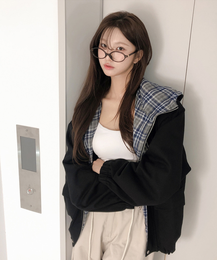 チェックバイカラーフードストリングジャケット BLACK