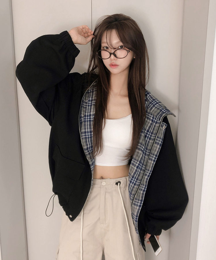 チェックバイカラーフードストリングジャケット BLACK