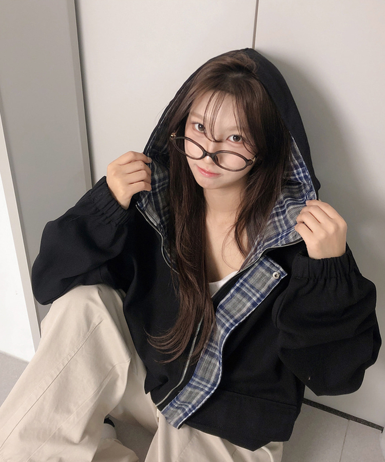 チェックバイカラーフードストリングジャケット BLACK