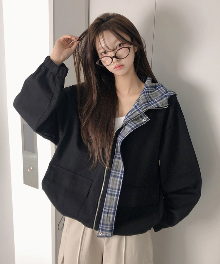 チェックバイカラーフードストリングジャケット BLACK