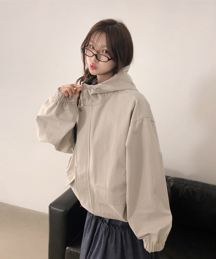 チェックバイカラーフードストリングジャケット BEIGE