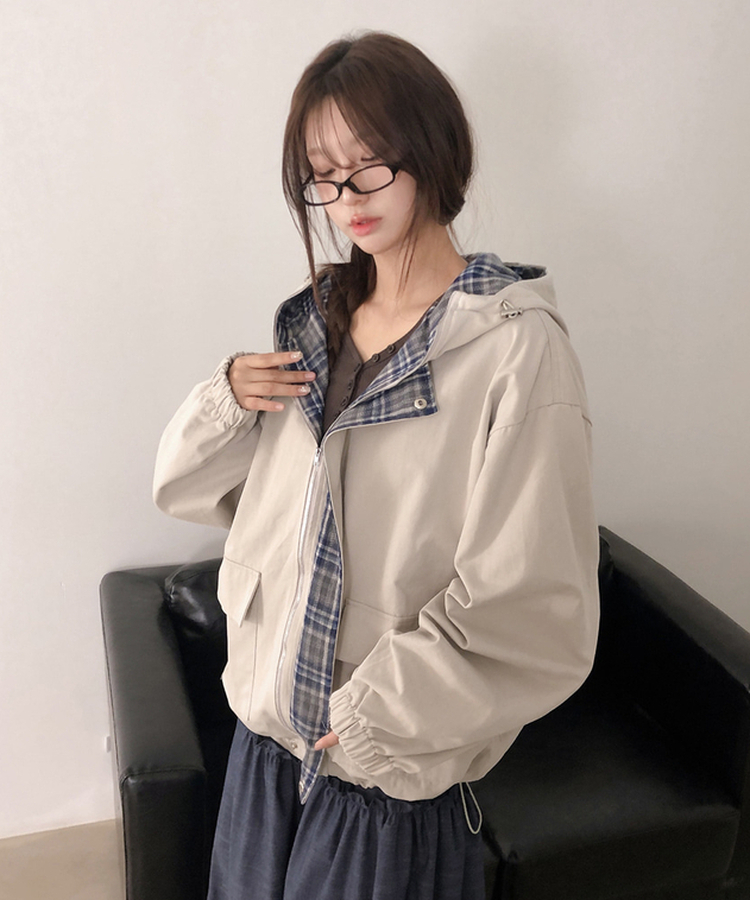 チェックバイカラーフードストリングジャケット BEIGE