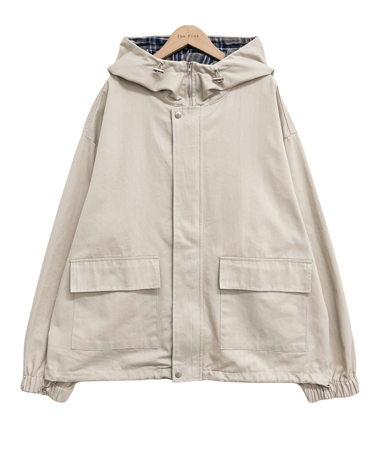 チェックバイカラーフードストリングジャケット