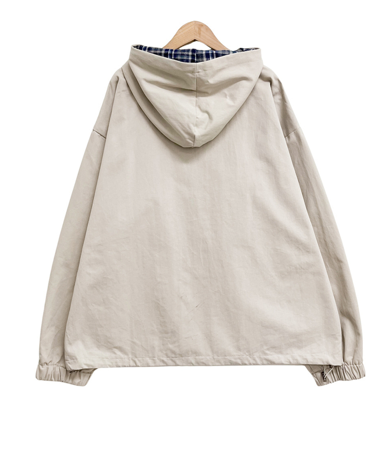 チェックバイカラーフードストリングジャケット