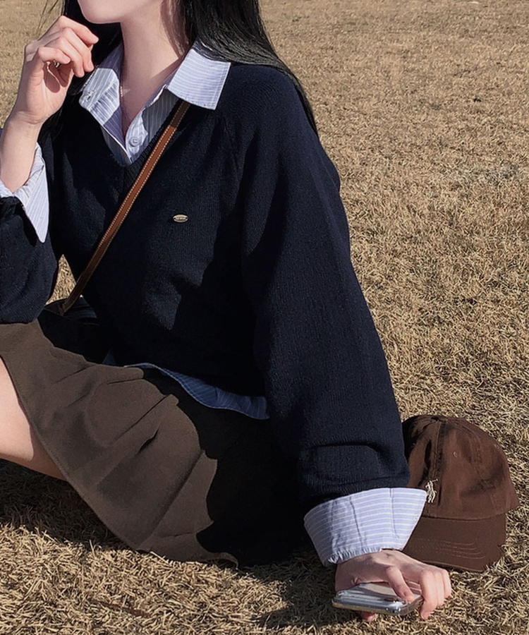 Vネックルーズペンダントニット(6color) NAVY