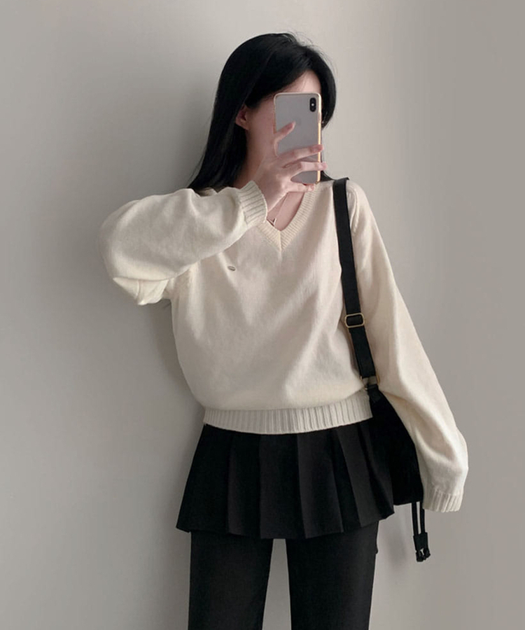 Vネックルーズペンダントニット(6color) IVORY