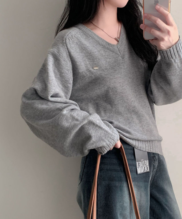 Vネックルーズペンダントニット(6color) GREY