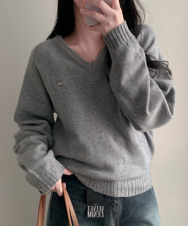 Vネックルーズペンダントニット(6color) GREY