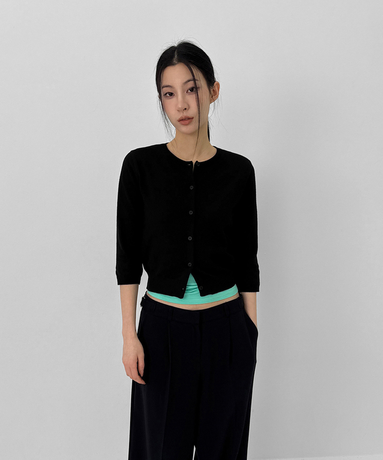 ラウンド7分ニットカーディガン BLACK