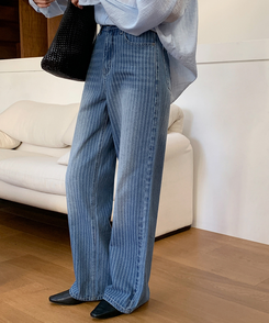 ストライプワイドデニムパンツ MID DENIM