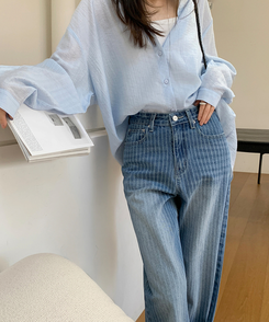 ストライプワイドデニムパンツ MID DENIM