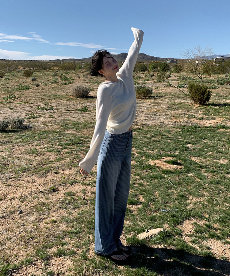 ストライプワイドデニムパンツ MID DENIM