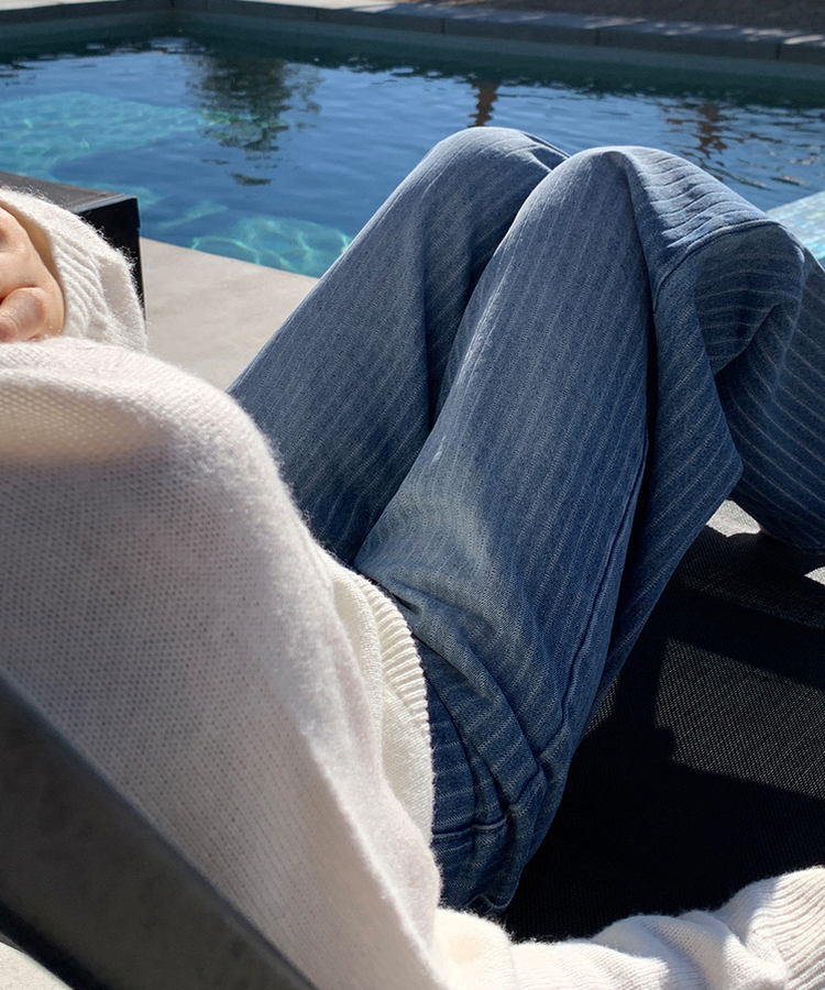 ストライプワイドデニムパンツ MID DENIM