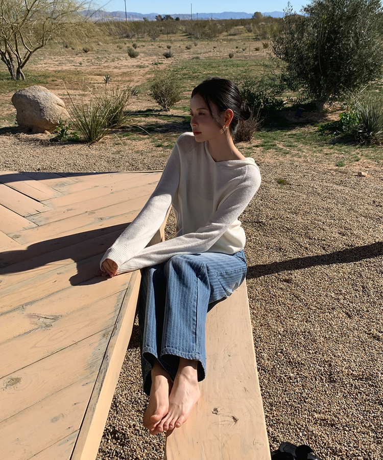 ストライプワイドデニムパンツ MID DENIM