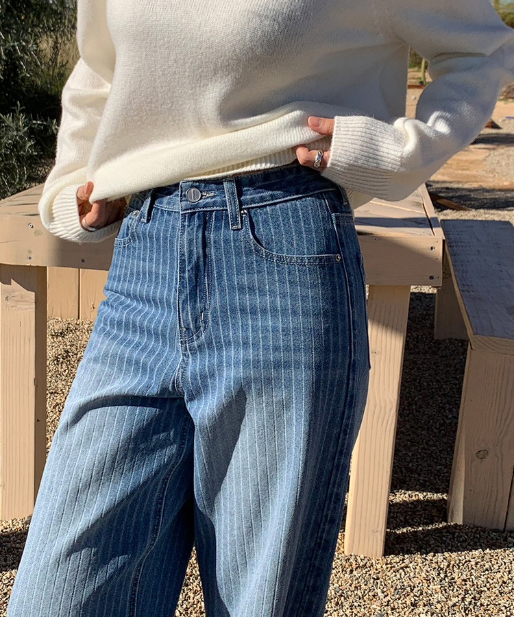 ストライプワイドデニムパンツ MID DENIM