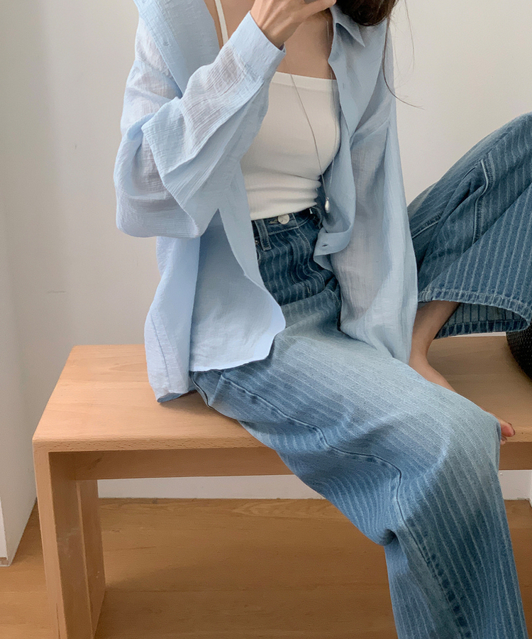 ストライプワイドデニムパンツ MID DENIM