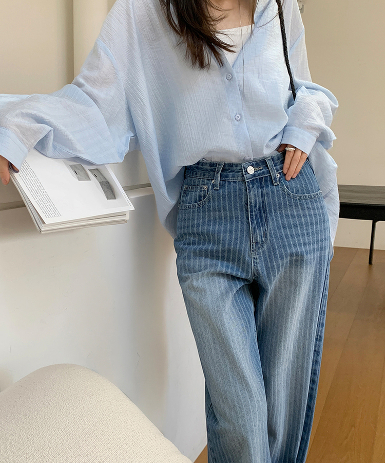 ストライプワイドデニムパンツ MID DENIM