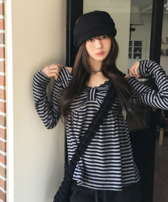 リボンボーダーニット BLACK