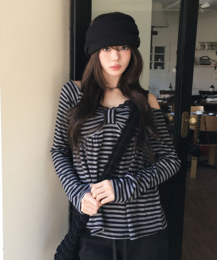 リボンボーダーニット BLACK