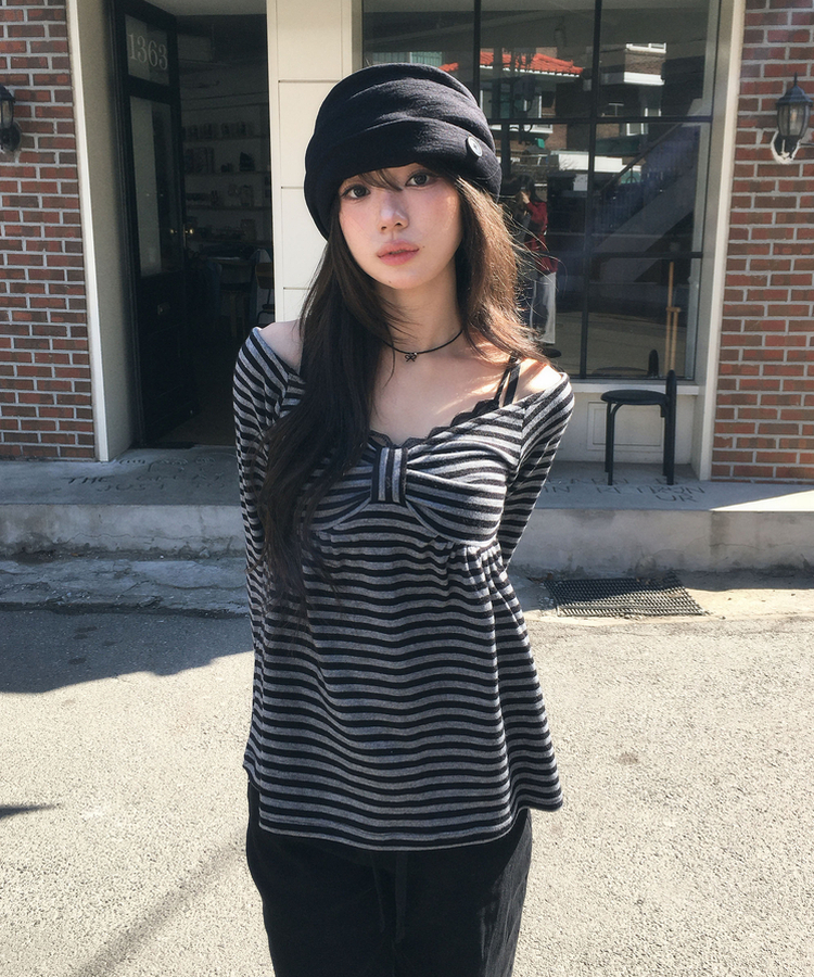 リボンボーダーニット BLACK