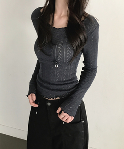 パンチング長袖ニット NAVY