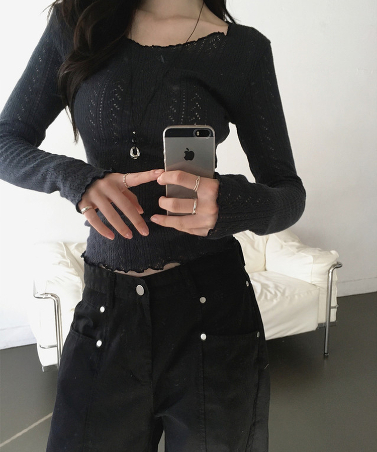 パンチング長袖ニット NAVY