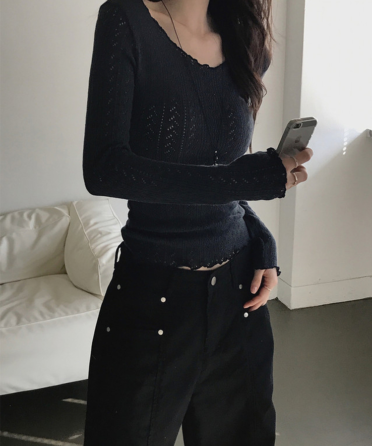 パンチング長袖ニット NAVY