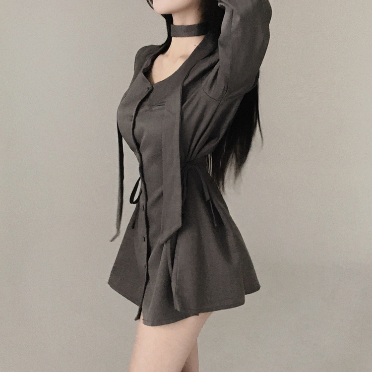 【タイ付き】サイドピンタックミニワンピース GREY