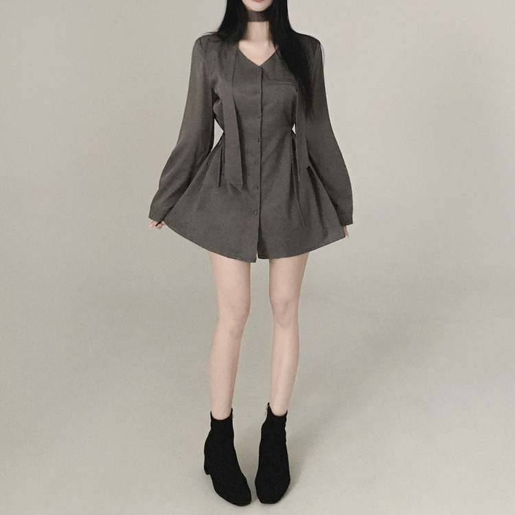 【タイ付き】サイドピンタックミニワンピース GREY