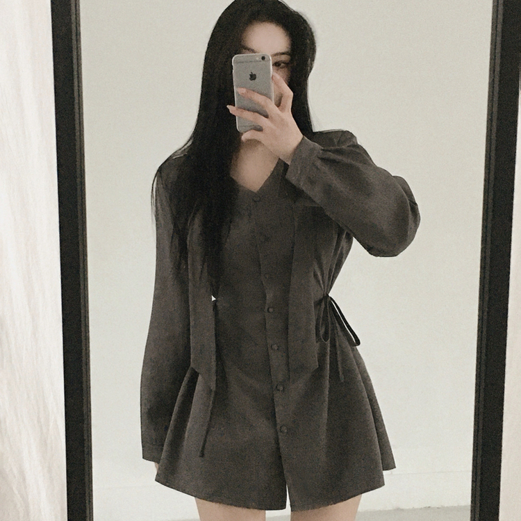 【タイ付き】サイドピンタックミニワンピース GREY