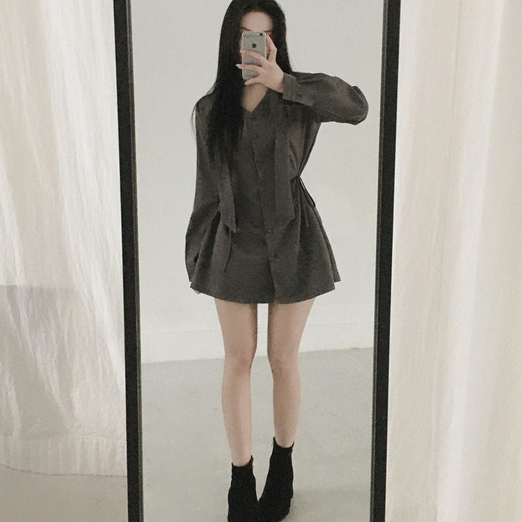 【タイ付き】サイドピンタックミニワンピース GREY