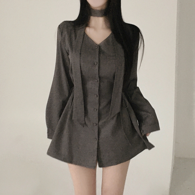 【タイ付き】サイドピンタックミニワンピース GREY