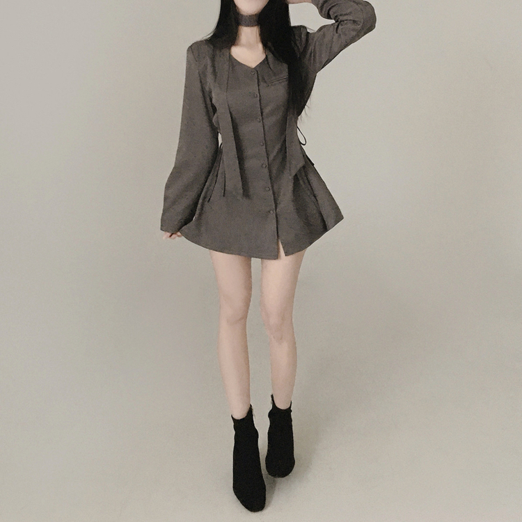 【タイ付き】サイドピンタックミニワンピース GREY