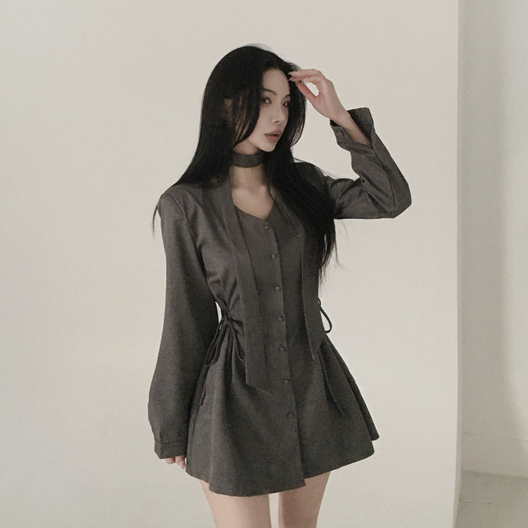 【タイ付き】サイドピンタックミニワンピース GREY