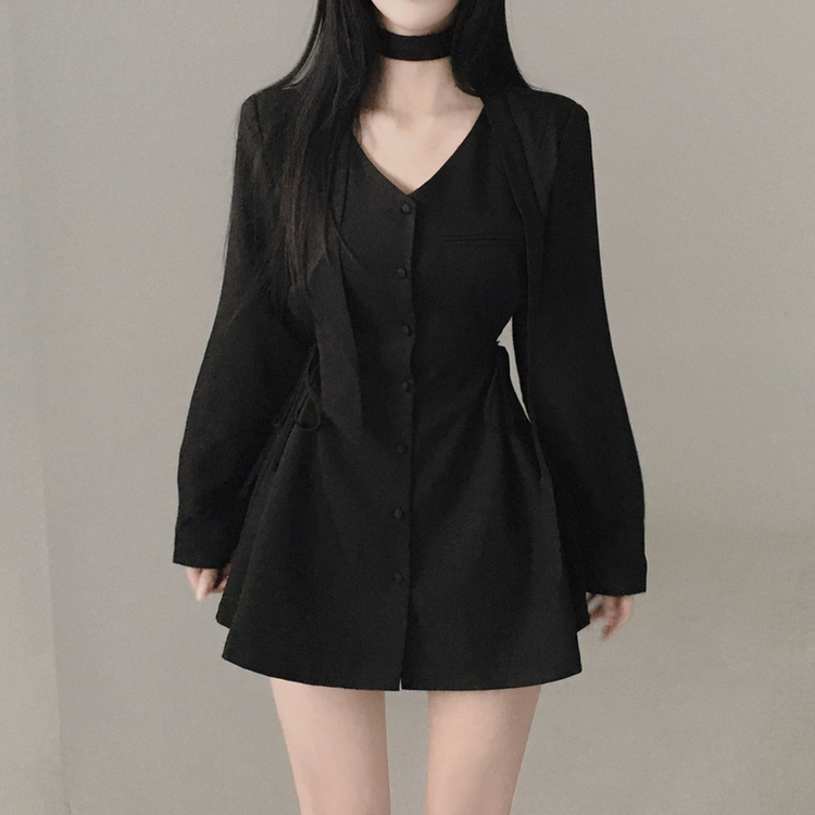 【タイ付き】サイドピンタックミニワンピース BLACK