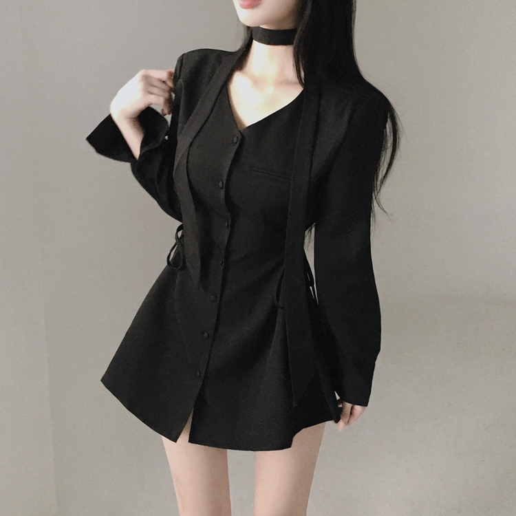 【タイ付き】サイドピンタックミニワンピース BLACK