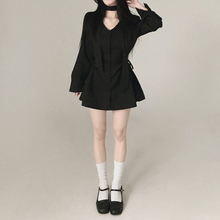 【タイ付き】サイドピンタックミニワンピース BLACK