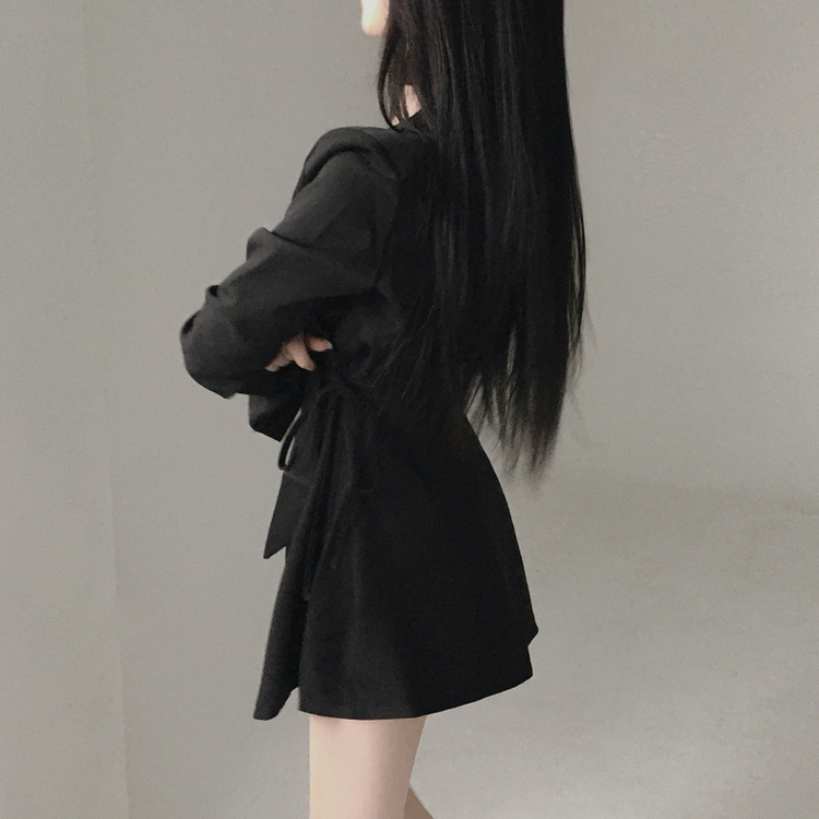【タイ付き】サイドピンタックミニワンピース BLACK