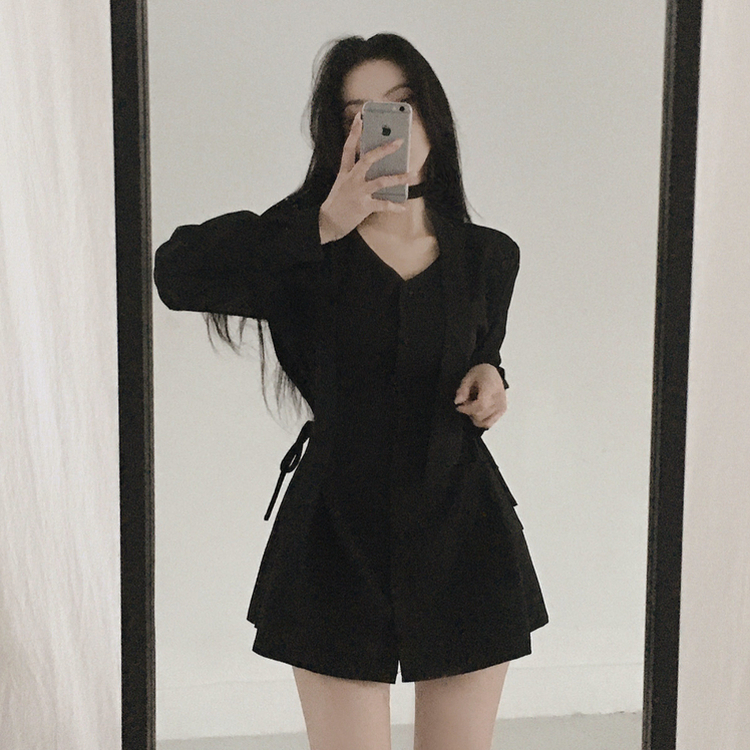 【タイ付き】サイドピンタックミニワンピース BLACK