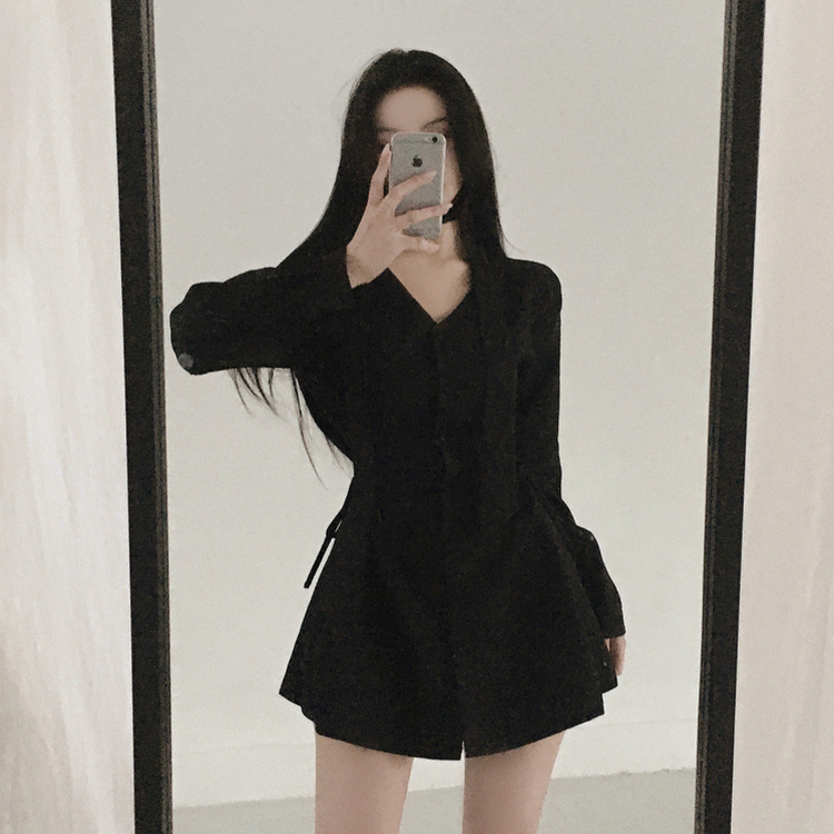 【タイ付き】サイドピンタックミニワンピース BLACK