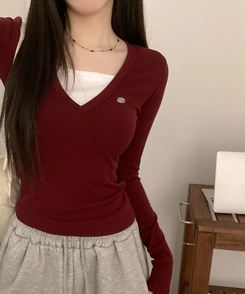 ペンダントVネックレイヤードTシャツ(5color) RED