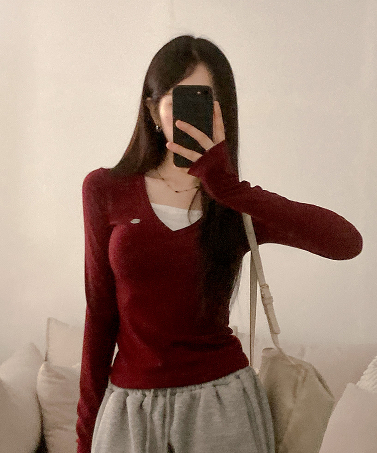 ペンダントVネックレイヤードTシャツ(5color) RED